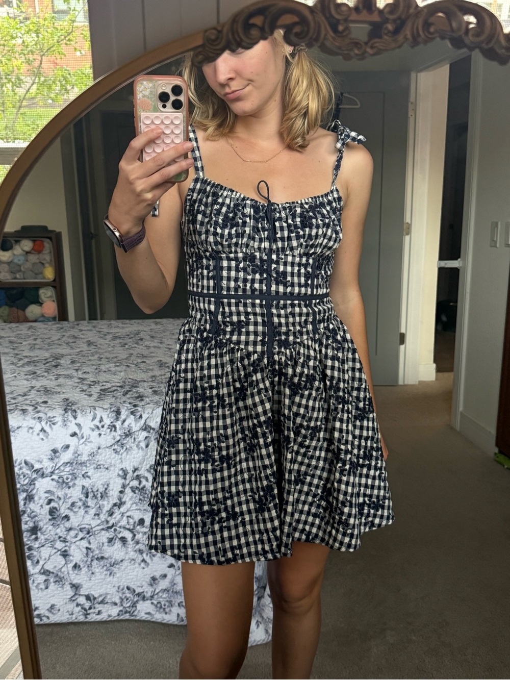 Olivaceous Navy and White Gingham Tie-Shoulder Mini Dress